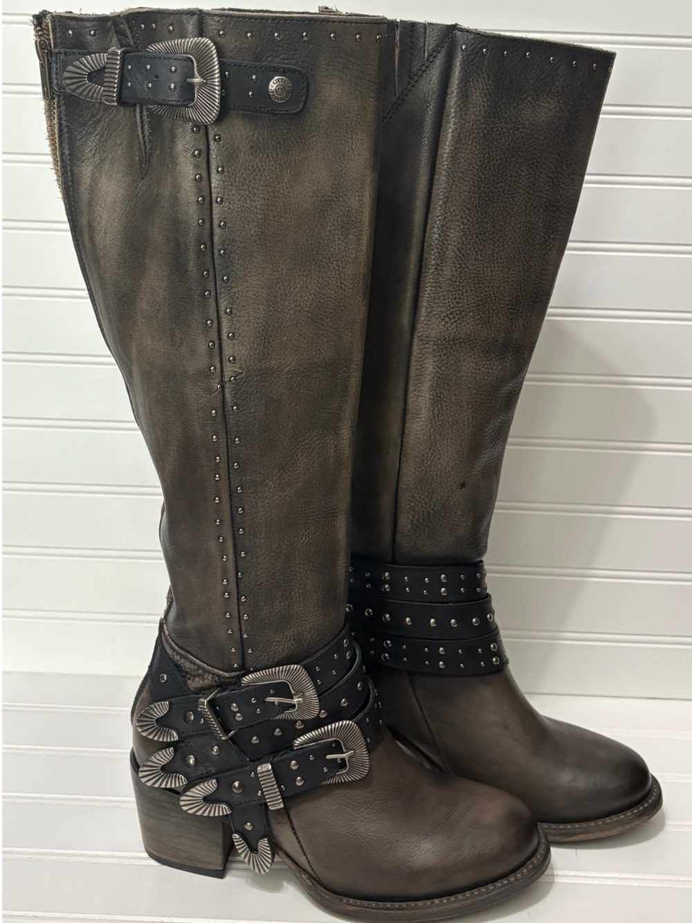 FREEBIRD CLEO Harness Black Distressed Leather Western Tall Boots Size 8 NEW